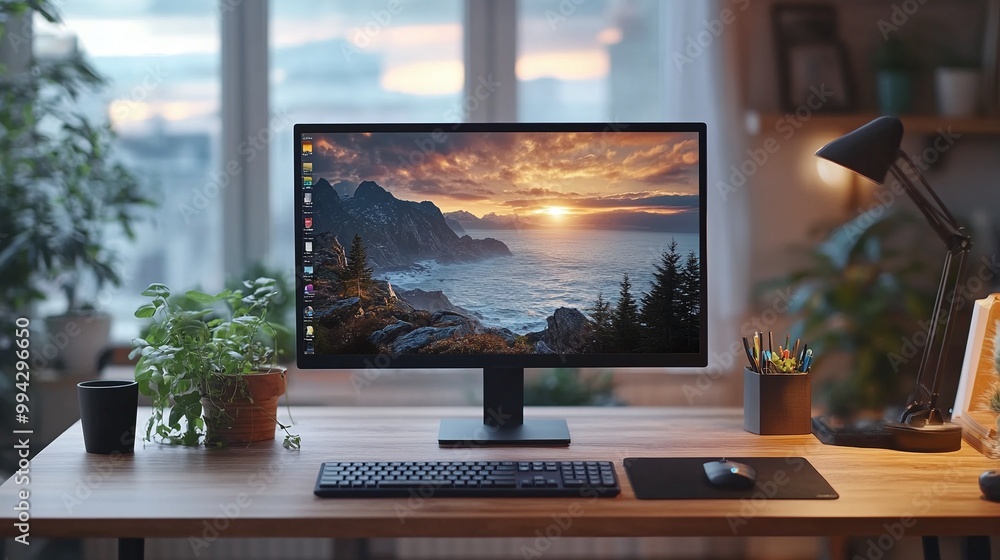 Poster computer monitor and office setup on a wooden desk, highlighting a professional workspace in a corpo