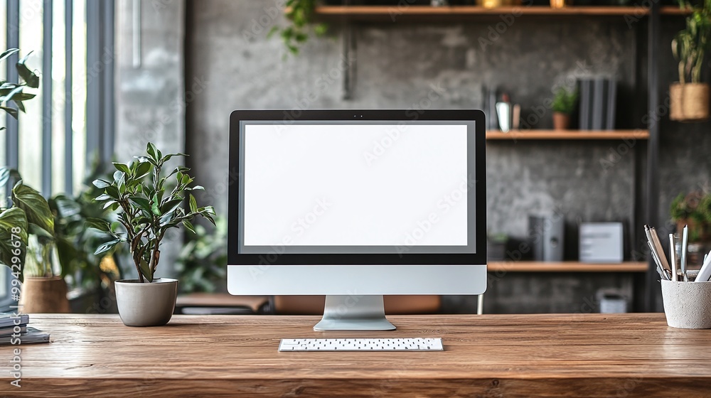 Poster computer monitor and office setup on a wooden desk, highlighting a professional workspace in a corpo