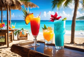 vibrant cocktails displayed stunning colorful beach backdrop featuring bright sunlight blue waves, drinks, sand, sea, refreshing, tropical, fruits, glass, ice