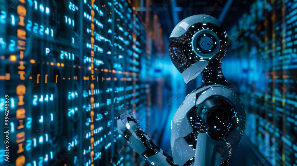 Poster a humanoid robot engages with illuminated data panels in a high-tech server environment filled with 