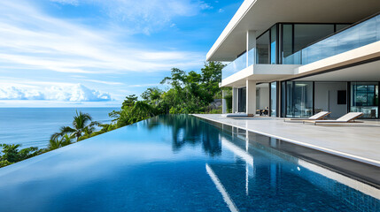 Fototapeta premium Modern luxury villa with infinity pool and ocean view, stunning beachfront property, tropical paradise, serene vacation home, architectural design, real estate, exotic retreat, dream getaway