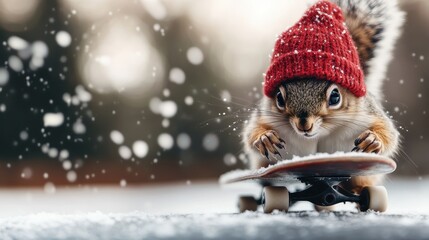 A playful squirrel wearing a red knit hat is skateboarding through a snowy scene, combining elements of whimsy and skillful typography in a charming winter setting.
