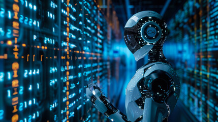 A humanoid robot engages with illuminated data panels in a high-tech server environment filled with glowing information streams.