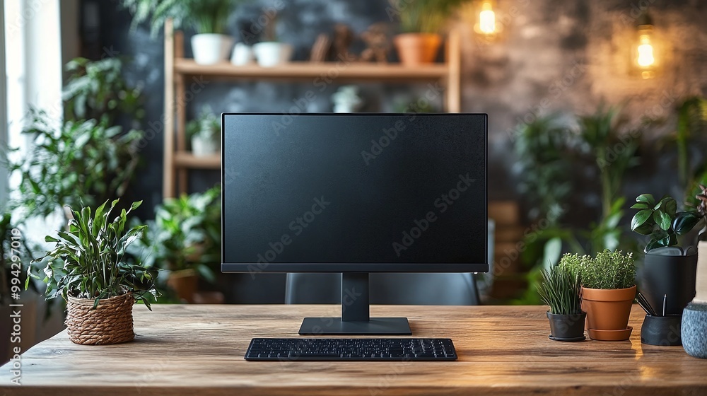 Poster computer monitor and office setup on a wooden desk, highlighting a professional workspace in a corpo