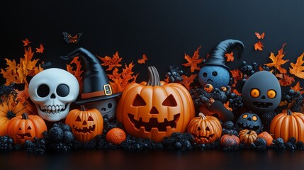 Cute Halloween Witch and Pumpkin Characters with Autumn Leaves