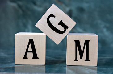 AGM - acronym on wooden cubes on blue background