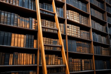 An old, grand library with tall wooden shelves, filled with ancient books and ladders to reach the highest shelves