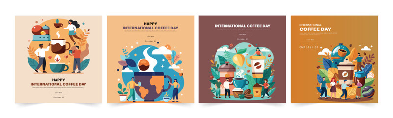 Set of Editable International Coffee Day Instagram Social Media Post Banner Design. International Coffee Day Vector Illustration Art Design. Celebrate world Coffee day banners, Post, Ads, Promotion. © pan
