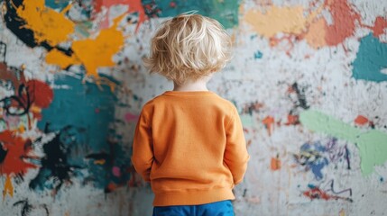 Obraz premium A young child with blond hair is facing away and admiring the colorful splashes of paint on a wall, emphasizing a mix of creativity, innocence, and artistic expression indoors.
