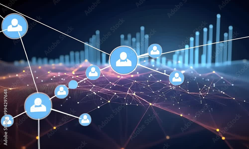 Poster 4k animation of community networking and global business connections, representing digital technolog
