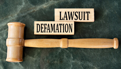 DEFAMATION LAWSUIT - words on wooden blocks on a green background with a judge's gavel
