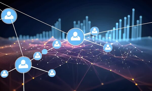 4K animation of community networking and global business connections, representing digital technology, and teamwork, with icons and diagrams for modern organization and recruitment concepts.