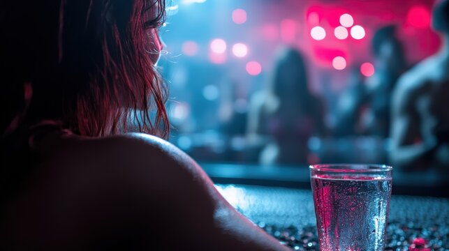 Captured from the back view, a woman sits at a bar holding a glass, bathed in vibrant red and blue club lights that illuminate the energetic nightlife atmosphere.