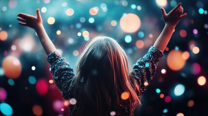 A child stands with arms raised, back to viewer, against a background of colorful bokeh lights, evoking joy and celebration, ideal for festive themes and mood depiction.