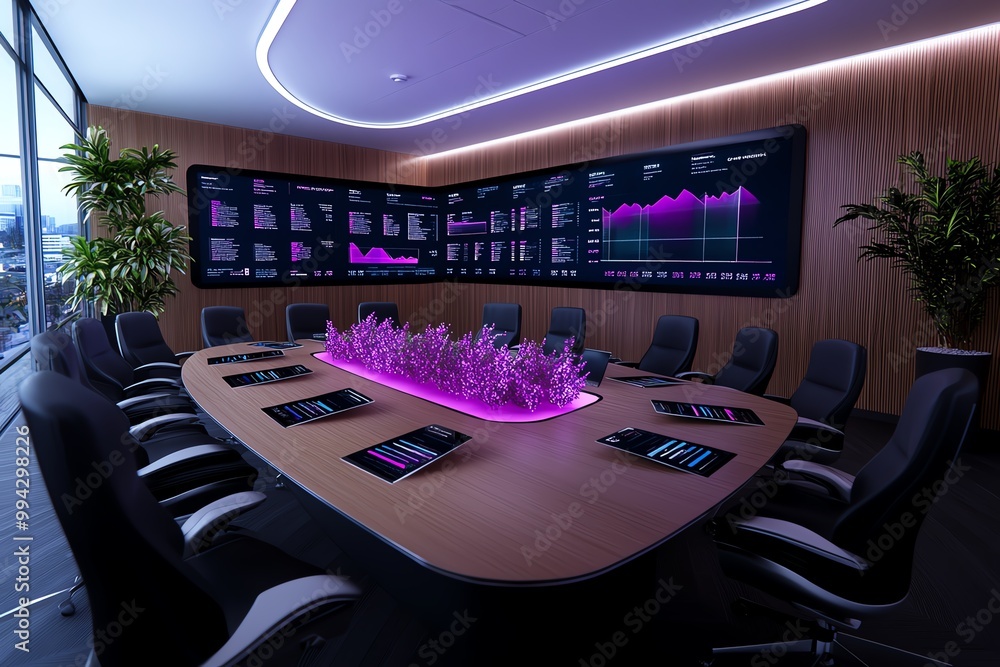 Poster A 3D visualization of a Chamber of Commerce boardroom meeting, with interactive digital screens and virtual data points showing local business trends