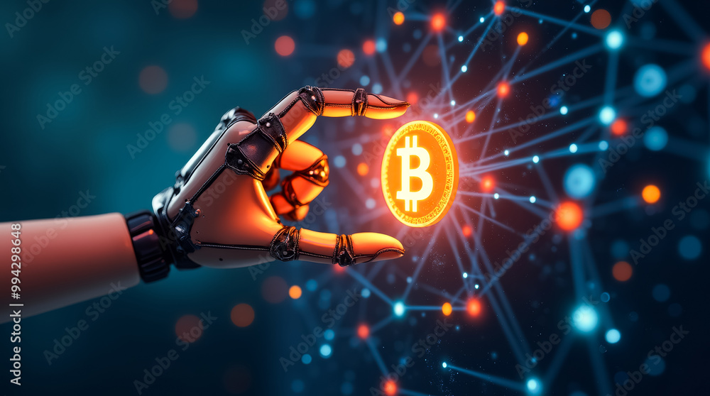 Poster a robotic hand is poised to grasp a luminous bitcoin symbol amidst a web of digital connections, rep