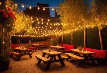 vibrant beer garden setup featuring cozy ambiance colorful lively inviting seating arrangements enjoyable experience, outdoor, design, decor, environment, mood