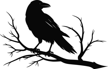 Fototapeta premium Black crow sitting on a branch of an oak tree, and Scandinavian runes, carved into stone, isolated on black, vector illustration.