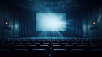 Fototapeta premium Cinema theater with movie scene on wide screen and empty chairs in the cinema hall