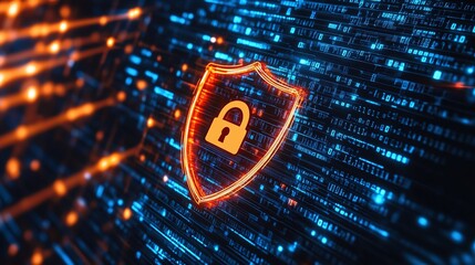 cyber protection symbol with a shield and lock icon, surrounded by digital binary code, illustrating firewalls, encryption, and secure browsing