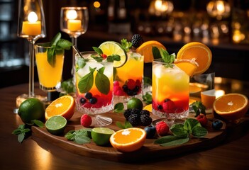 vibrant craft cocktail setup displaying colorful ingredients like fresh herb stylish glassware stunning presentation, fruits, herbs, garnishes, shaker, ice