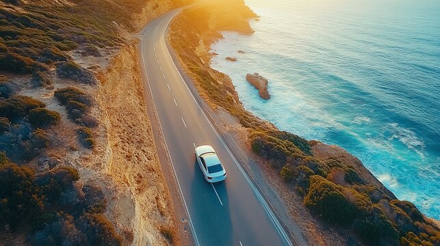 aerial view of a car on the Great Ocean Road, exploring the scenic highway with coastal views, beautiful landscapes, and the perfect route for a road trip adventure