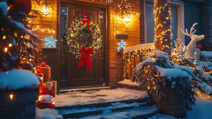 A charming home entrance decorated with a festive wreath, string lights, and red bows. Snow gently covers the ground, while glowing reindeer and other outdoor decorations add to the holiday magic.