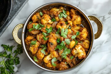 A Large Bowl Filled With Delicious Homemade Aloo Gobi, The Crust Is Golden Brown And Perfectly Sautéed, Food Photography, Food Menu Style Photo Image