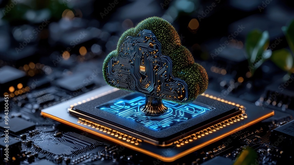 Poster futuristic green tree growing on a microchip, symbolizing the intersection of nature and technology.