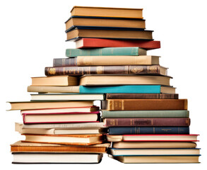PNG Tall pile of books lots various publication library white background.