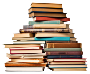 PNG Tall pile of books lots various publication library white background.