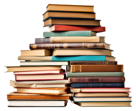 PNG Tall pile of books lots various publication library white background.