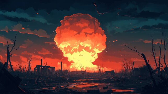 An atom bomb explosion creates a vivid mushroom cloud over a desolate, scorched landscape.