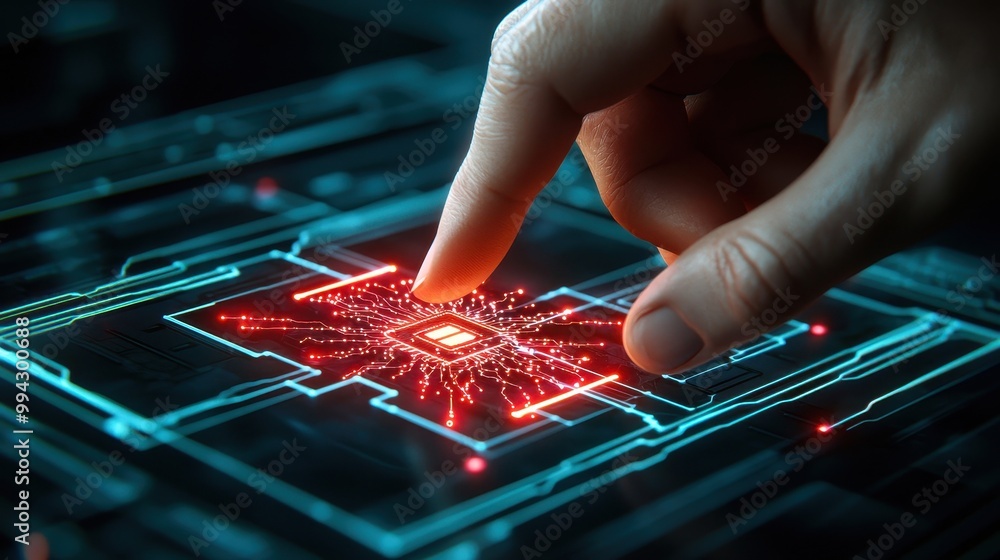 Poster hand interacting with glowing microchip on digital interface, futuristic technology concept.