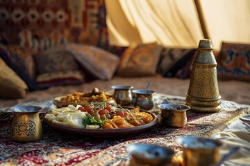 Fototapeta premium Middle Eastern Mezze Platter Served In An Opulent Tent In The Desert, With Golden Pillows And Intricate Tapestry In The Background