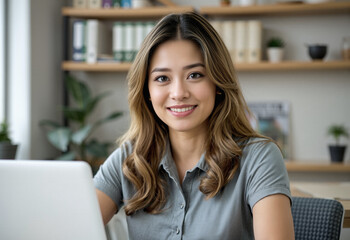 luxurious polo shirt, woman with calmness, professional growth at work, laptop, office shelves, contemplated and considered, director portrait