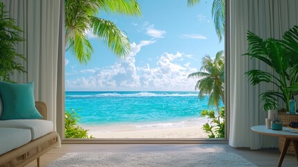 Tropical paradise view from a modern living room, showcasing palm trees and a vibrant ocean.