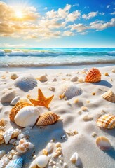 vibrant seashells scattered pristine sandy beach under clear blue sky gentle waves lapping shore, ocean, horizon, coast, nature, marine, summer, tropical