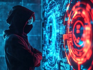 Intriguing Espionage: A Masked Figure in a Hoodie Stands Before a Dynamic Screen, Perfect for a Sports-Themed Interior Poster or Suspenseful Wall Art