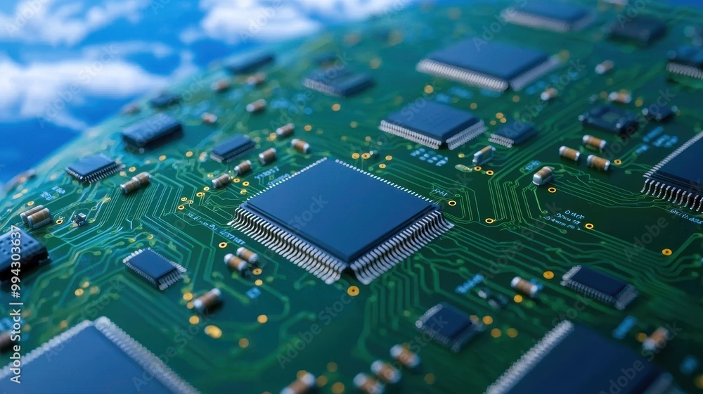 Poster an image of earth with continents made of circuitry, representing a technological planet