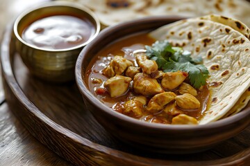 Bowl Of Chicken Curry With Tortillas And A Cup Of Sauce, Food Photography, Food Menu Style Photo Image