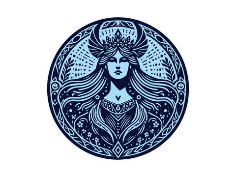 recommend clip art: Scandinavian goddess Freya. Blue vintage engraving emblem. Vector illustration