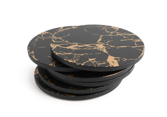 Stack of stylish table coasters isolated on white background