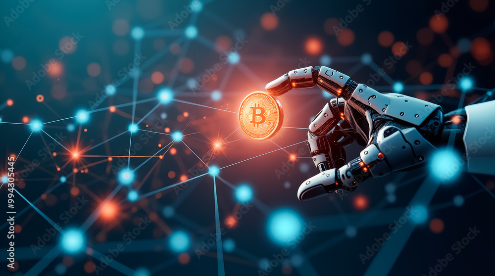 Poster in a digital environment filled with interconnected nodes and bright lights, a robotic hand delicate