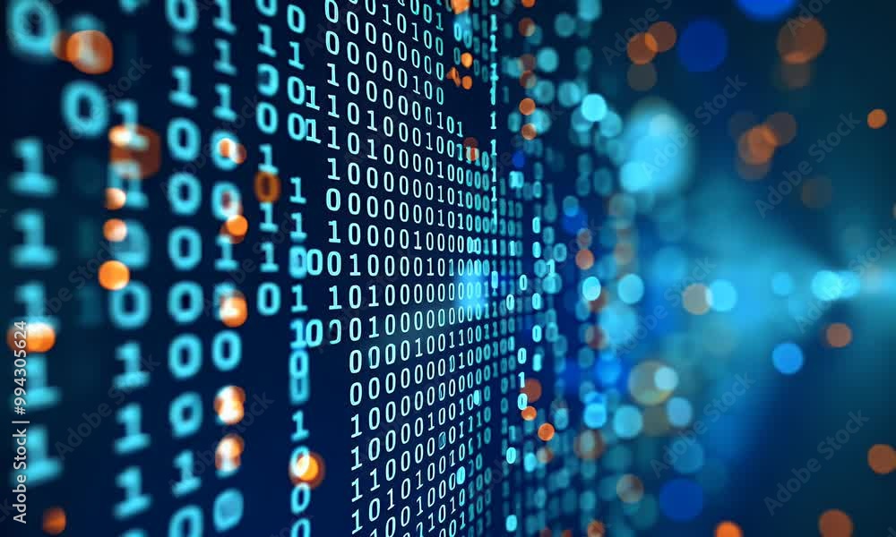 Leinwandbilder 4k animation of blue binary digits flowing in a digital stream, representing coding, data transfer, 