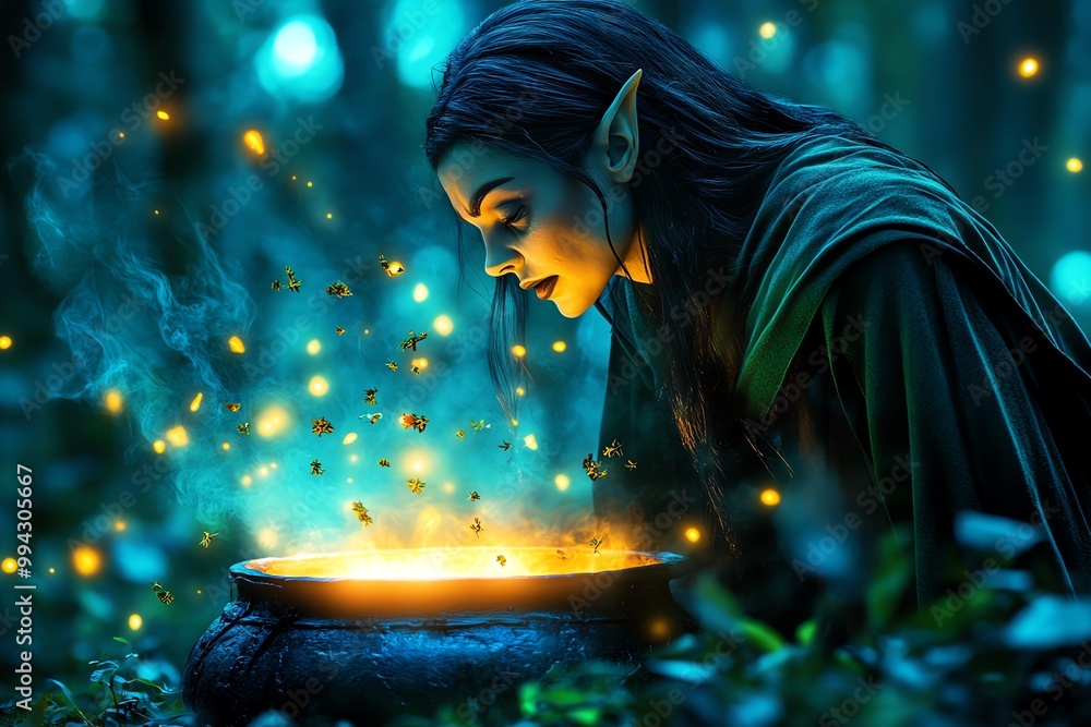 Poster a witch dressed in a dark green cloak, standing by a bubbling cauldron in the middle of an enchanted
