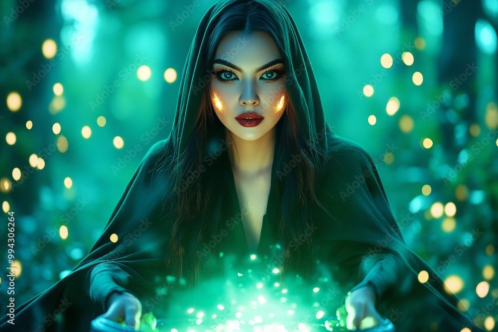 Poster a witch dressed in a dark green cloak, standing by a bubbling cauldron in the middle of an enchanted