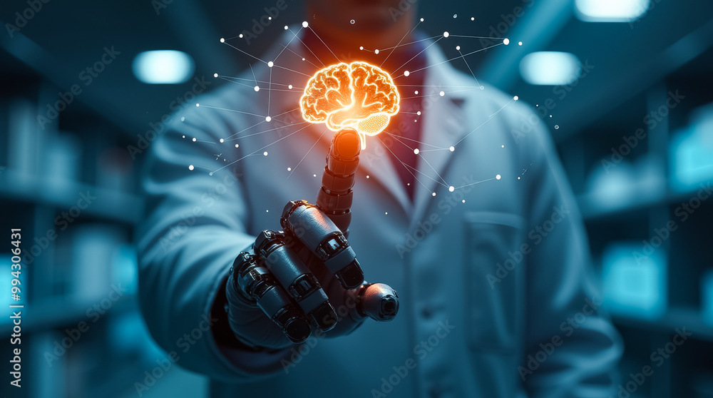 Aufkleber in a high-tech laboratory, a scientist reveals a luminous digital brain using a robotic arm, symboli
