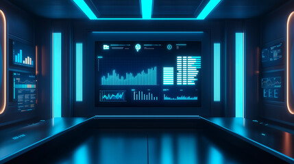 Futuristic on-screen data analysis report graphs, charts, statistics, research, development, planning, management, and strategic analysis