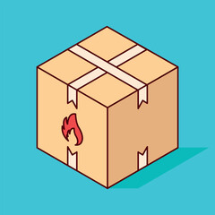 Isometric Cardboard Box with Flammable Tag on Isolated Background ready to print